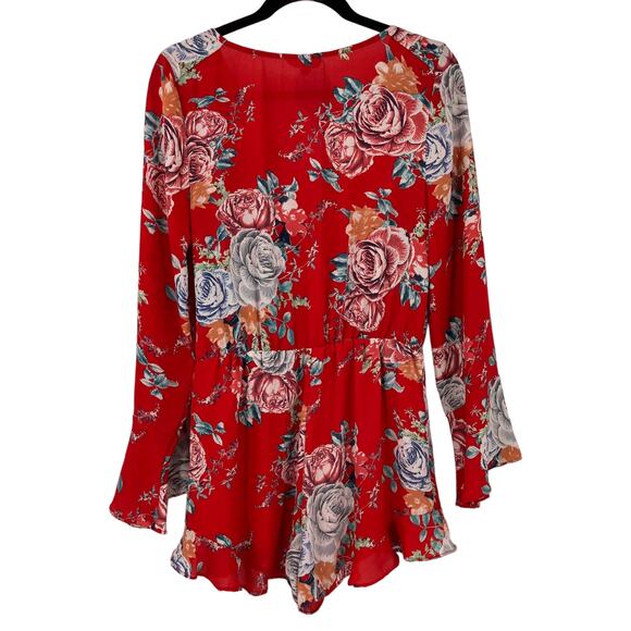 Entro Red Floral Lightweight Long Sleeve V-Neck Ruffle Hem Lined Shorts Romper - Picture 3 of 10